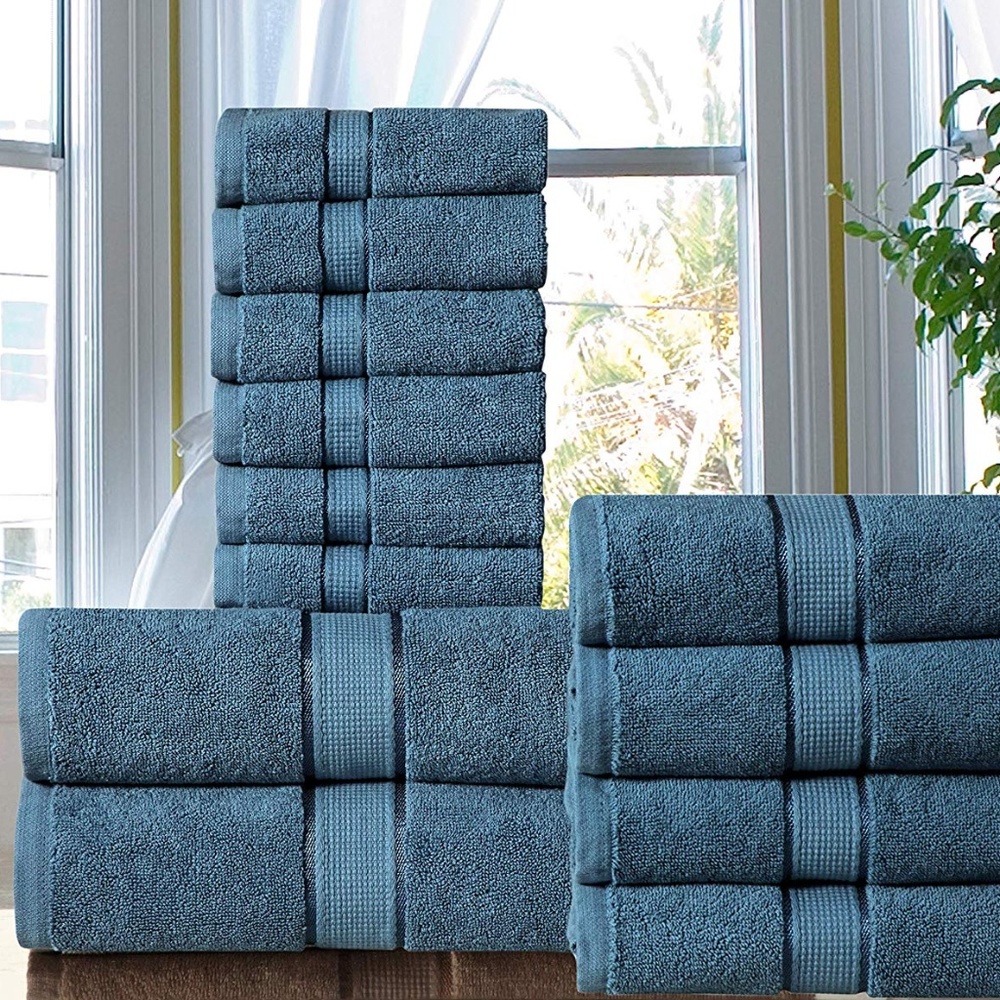 100 % Cotton 600 GSM 12 Piece Bath Towel Set Blue